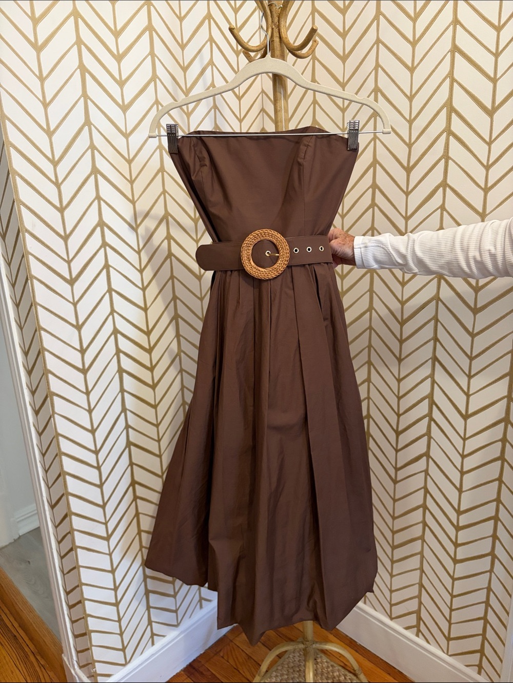 Cara Cara Strapless Brown Midi Dress with Woven Belt